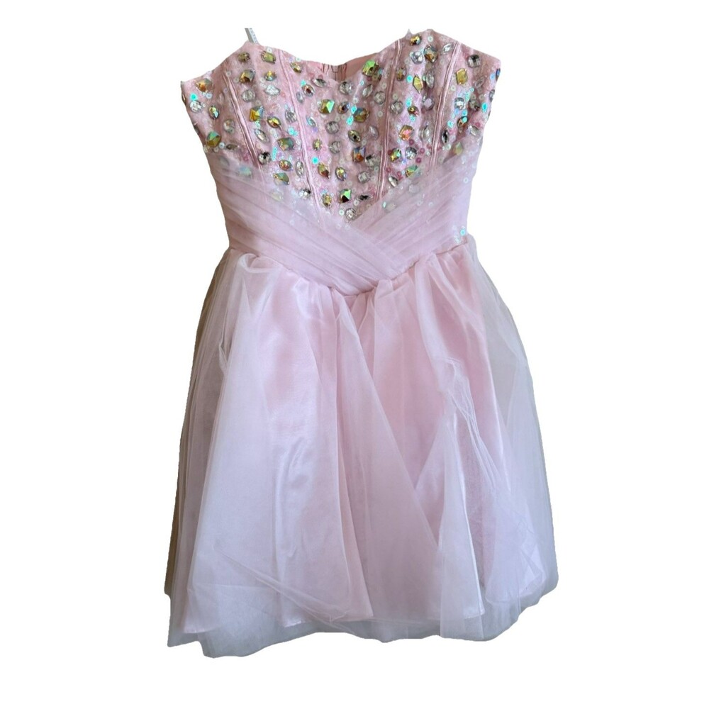 Masquerade Prom Dress Sz 5/6 Pale Pink Jeweled Tulle Strapless Short Formal